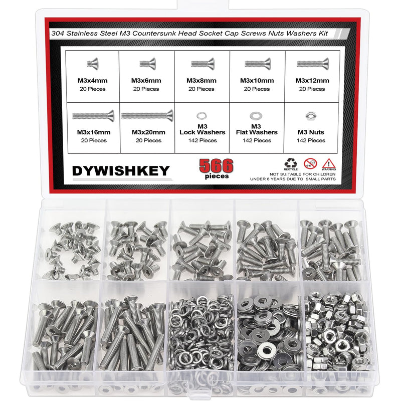 DYWISHKEY 566 Pieces M3x 4/6 /8/10 /12/16 /20mm Countersunk Head Socket Cap Screws Nuts Washers Assortment Kit, M3 Flat Head Screws Kit, 304 Stainless Steel