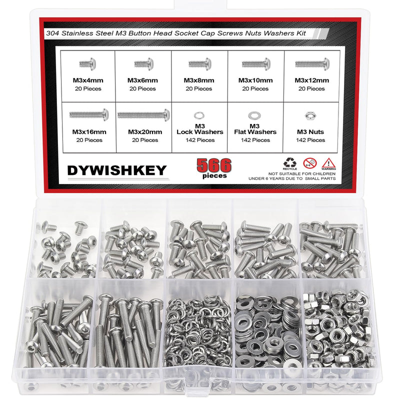 DYWISHKEY 566 Pieces M3x 4/6 /8/10 /12/16 /20mm Button Head Socket Cap Screws Nuts Washers Assortment Kit, M3 Screw Kit, 304 Stainless Steel