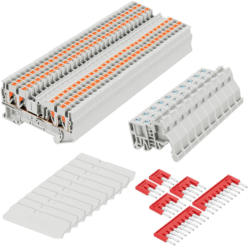 DIN Rail Terminal Block Twin Spring Terminal Connectors Push in Type PT Screwless Wire Wiring Connector with 10 Covers 10 End Stops 6 Jumpers (ST2-2.5/2x2,56 Pcs) 56 ST2-2.5/2x2
