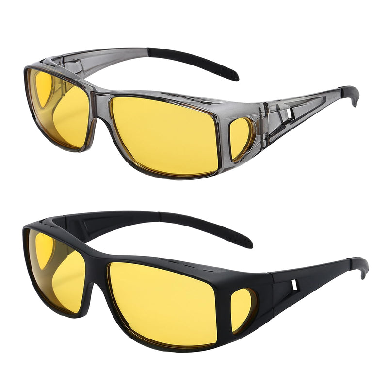 Dollger Night Vision Glasses for Women Men,Fit Over Prescription Glasses with Anti Glare Yellow Lens Night Vision Lens-2 Packs
