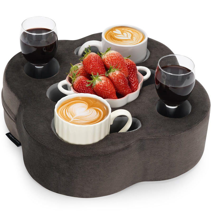 Couch Cup Holder Pillow, Sofa Organizer Caddy Bed Refreshment Tray for Drinks, Remotes, Phones, Snacks (Soot) 12*12*3.7 Inch Soot