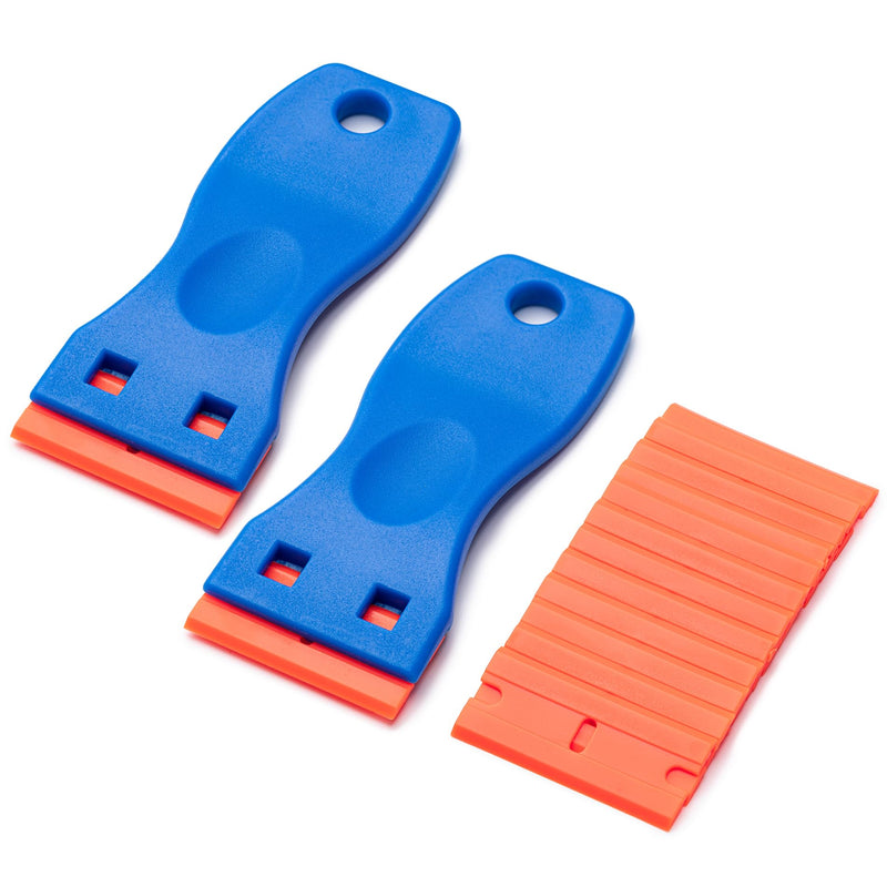 2 Pcs Plastic Razor Blade Scraper and 12 Pcs Blades, Remove Label Decal Tool,Forwithout Scratches Plastic Razor Blade Scraper, Adhesive Remover for Kitchen Appliances,Stickers and Paints on Window 2+12PCS