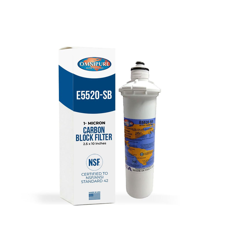 Omnipure E5520-SB Carbon Block Water Filter 1 Micron 10 x 2.5 Twist and Lock Cartridge Reduces Chlorine Improves Taste and Odor Quick Change Replacement