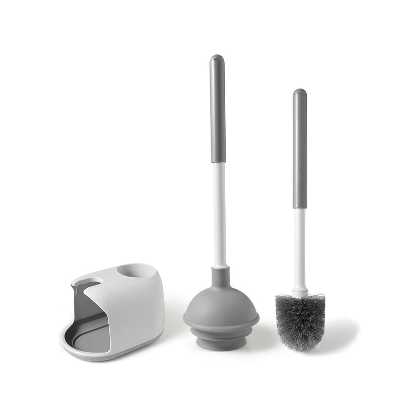 Eyliden Toilet Plunger and Brush Set, Upgrade 3-Step Suction Cup Toilet Plunger and Bowl Brush Set with Holder, Toilet Plunger Brushes Combo with Caddy (1 Pack, White & Grey) 1 Pack