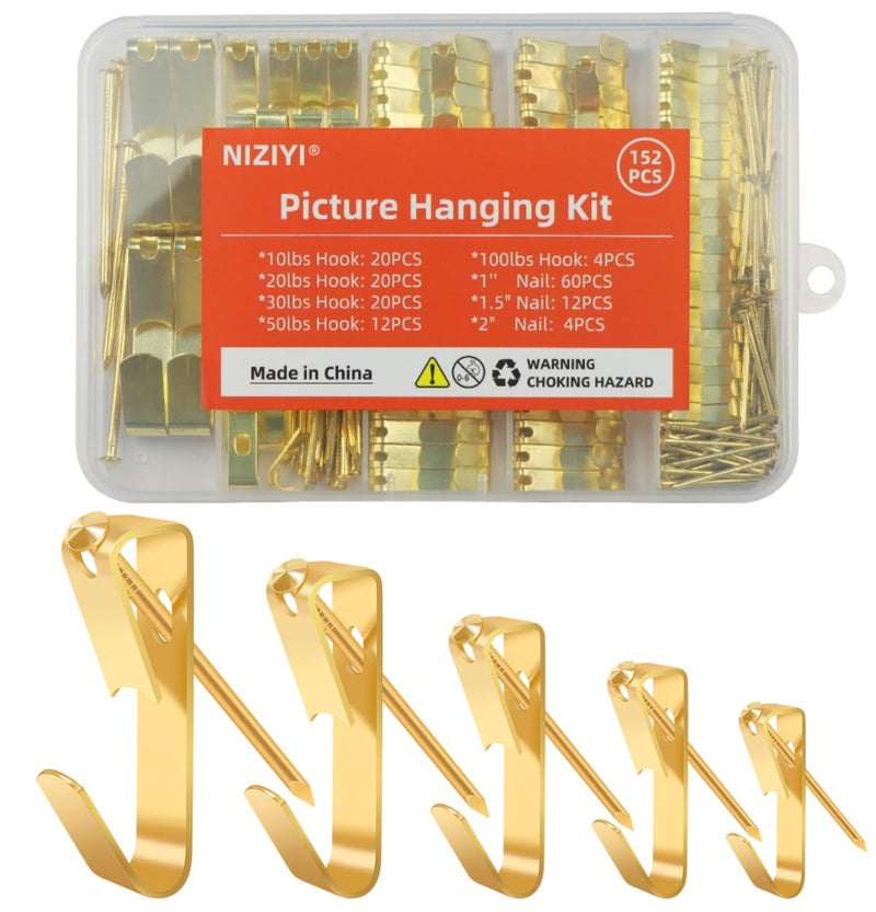 152Pcs Picture Hanging Kit, Picture Hangers 10lb, 20lb, 30lb, 50lb, 100lb Hooks with Nails, Heavy Duty Photo Frame for Pictures, Painting ,Mirror, Wall Art Mounting on Drywall, Wooden Wall 152PCS