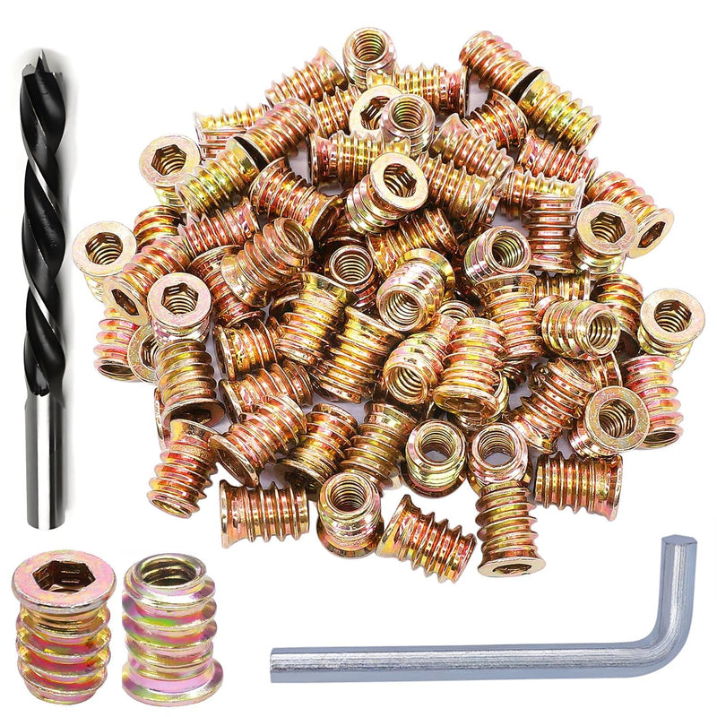 100pcs Threaded Inserts for Wood, Screw in Nut Fastener Connector, Steel Hex Drive Nut Inserts for Home Office Furniture (Gold, 1/4"-20 x15mm) 1/4"-20 x15mm-100pcs Gold