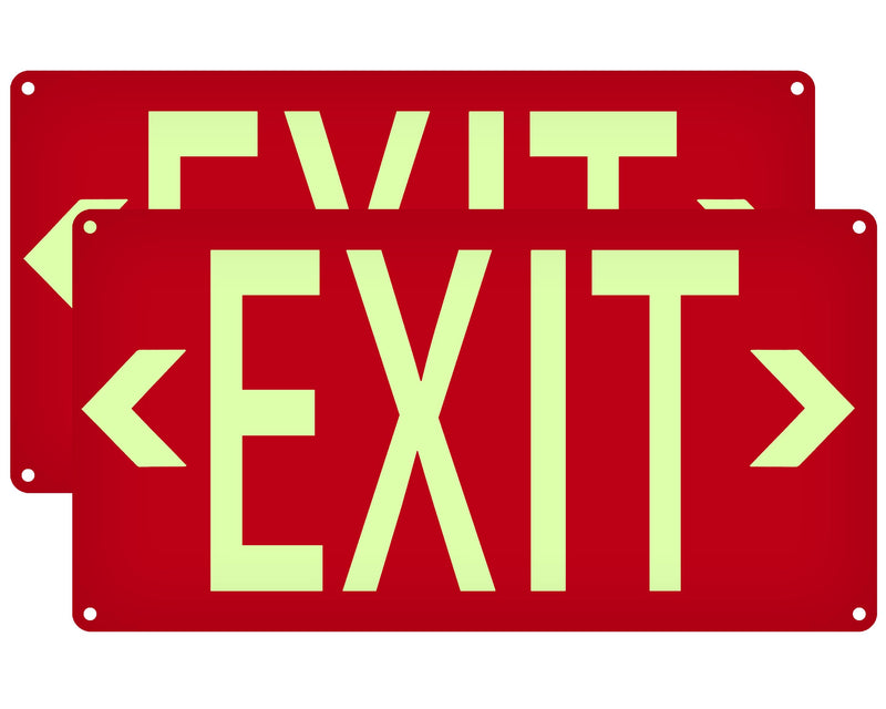 (2 Pack) Photoluminescent Exit Sign Red - with Removable Directional Arrows, With strong self adhesive tape, 14.25 x 7.5 Inches Heavy Duty Aluminum Signs, Fade Resistant 2pack