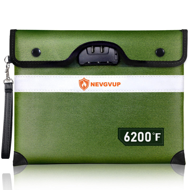 Upgraded 6200°F Fireproof Document Bag with Lock, Fire proof Money Bag for Cash with Zipper/Reflective Strip, 9 Layers of Heat Insulated Materials, Water Resistant Fireproof Bag for Documents,Safe Bag Green Inside Size 13.0“ x 10.0"