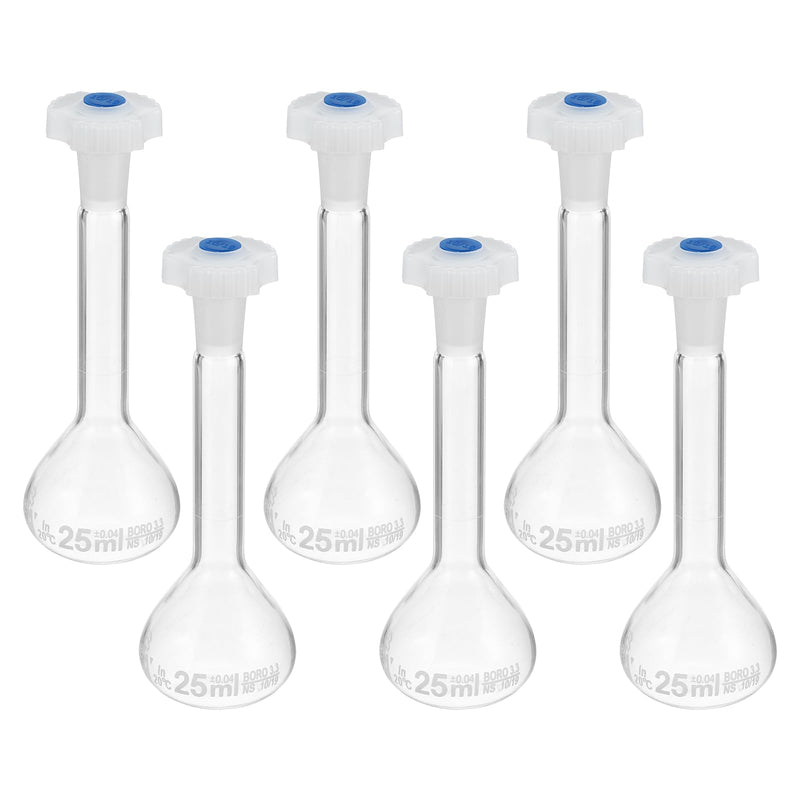 PATIKIL 25ml Volumetric Flask, 6Pcs 3.3 Borosilicate Glass Graduated Volumetric Measuring Flask with Plug Cap Tolerance 0.04ml for Lab Experiment, Clear