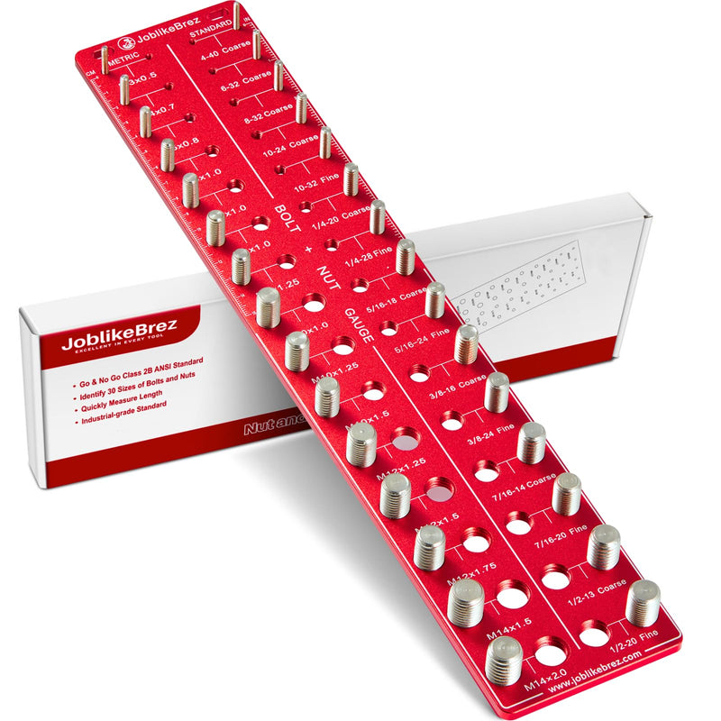 Thread Checker, 30 Nut and Bolt Thread Checker, Bolt Size and Thread Gauge 15 Standard & 15 Metric, Thread Pitch Gauge, Wall-Mountable Bolt Thread Identifier Gauge with Inch & CM Ruler Red
