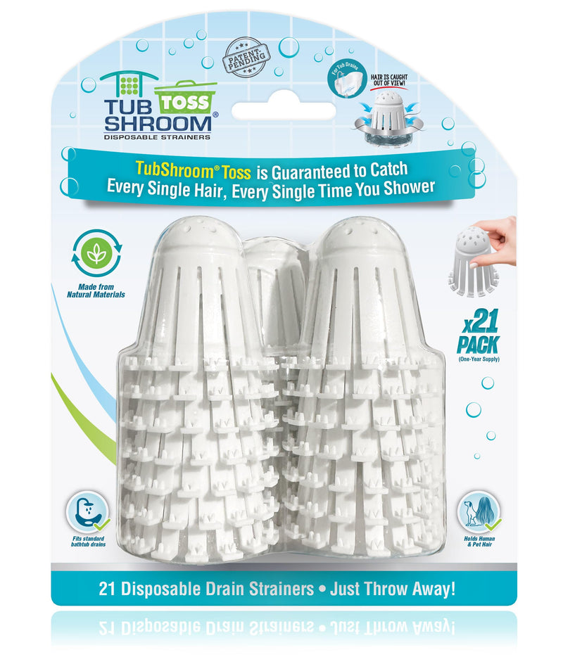 TubShroom Toss 21pk Disposable Bath Tub Drain Strainers - Hair Catcher Snare for Shower Bathtub to Prevent Clogged Drains, Traps Human and Pet Hair, One Year Supply (White) White