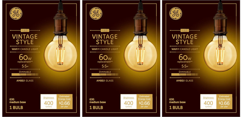 GE (case of 3 Bulbs) Lighting Vintage Style LED G30 Globe Light Bulb, 5.5 Watts (60 Watt Equivalent) Warm Candle Light, Amber Glass, Medium Base, Dimmable, 400 lumens