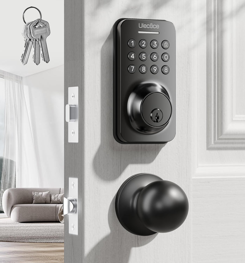Keyless Entry Keypad Deadbolt with Handle Set, Smart Lock, Auto-Lock + One-Touch Lock, 100 Codes + 15-Min Easy Install, Ideal for Airbnb/Homes/Offices, Fits U.S. Standard Front Doors, Black Matte Black