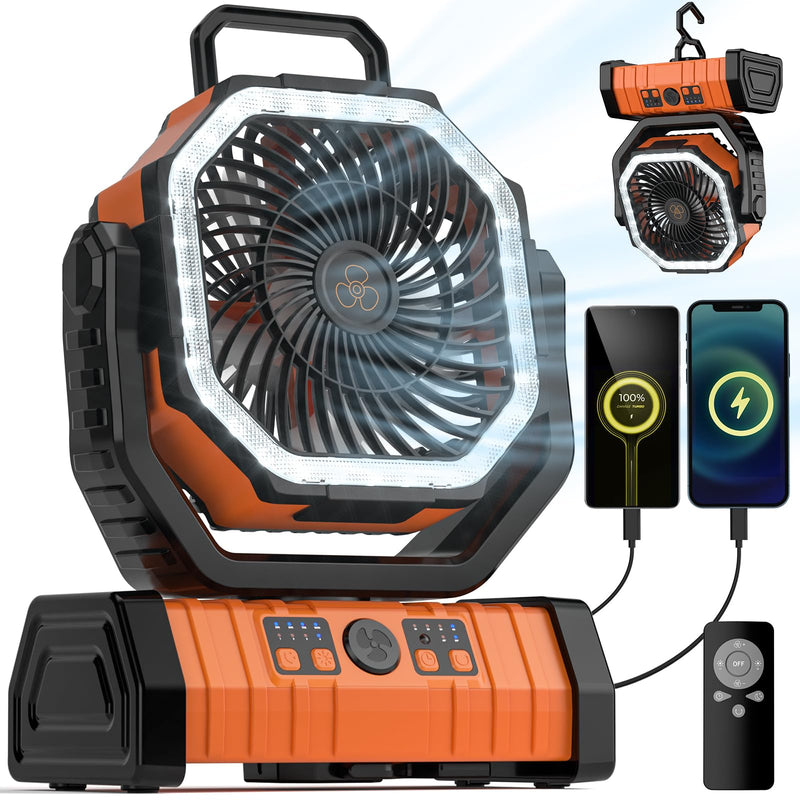 Camping Fan - 20000mAh Battery Powered Fan Rechargeable with LED Lantern - Portable Outdoor Tent Fans with Hanging Hook 4 Speeds Wind Remote Control, Black and Orange 8.9*11.4*4.6in
