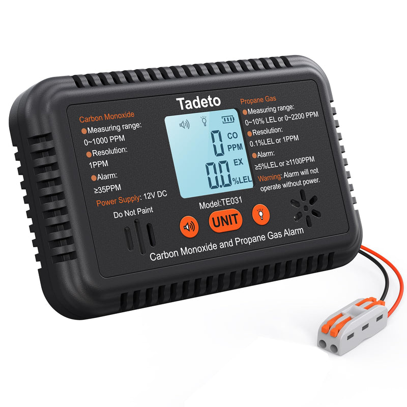Tadeto RV Carbon Monoxide and Propane Gas Alarm, 12V DC Hardwired CO/LPG Gas Leak Alarm with Light and Audible Indicator, RV Propane Detector with Reset/Backlight for RV/Trailer/Camper Black