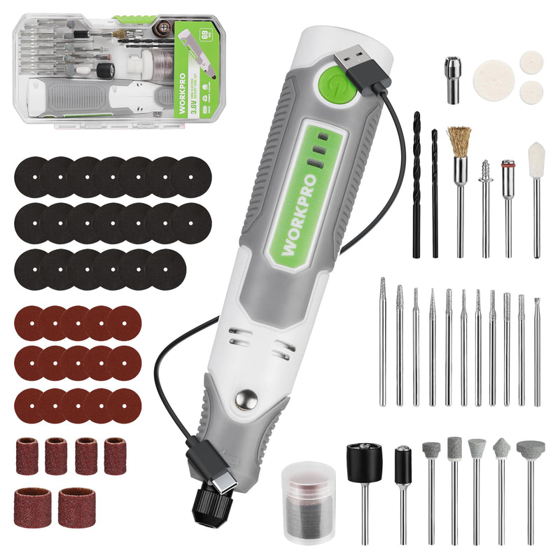 WORKPRO Cordless Rotary Tool Kit with 71pcs Accessories, 3 Variable Speeds, USB Rechargeable Mini Rotary Tool for Engraving, Sanding, Polishing, Carving, Cutting, DIY Crafts White