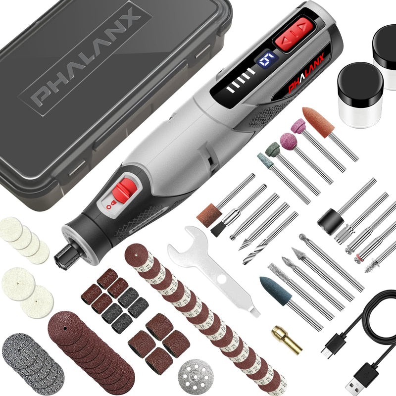 Rotary Tool - 4V Rotary Tool Cordless, PHALANX Rotary Tool Accessories 80 PCS 4000mAh Li-Ion Battery, Preset 9 Speed Adjustment Grinder Tool for Cutting Sanding Carving Polishing Engraver DIY Crafts Grey-4v