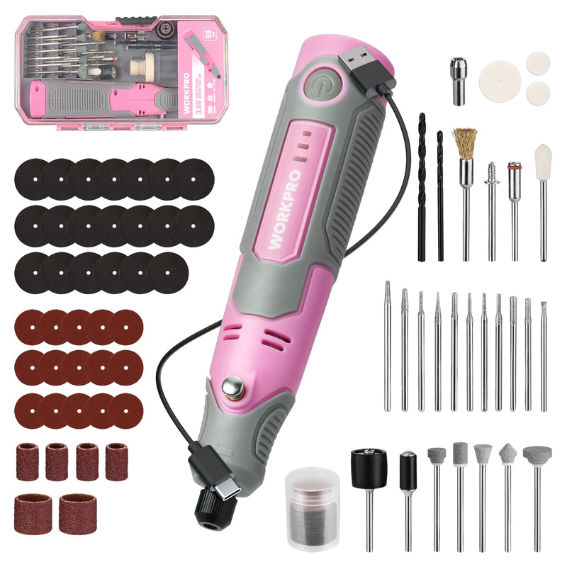WORKPRO Mini Cordless Rotary Tool, 71PCS Kit for Engraving/Drilling/Carving Pink
