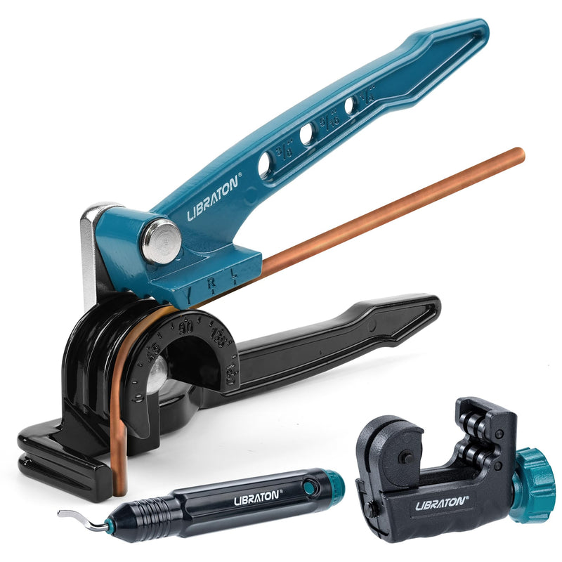 LIBRATON Tube Bender, Copper Tubing Bender 180 Degrees, 3-in-1 Manual Tubing Bending Tool 1/4", 5/16", 3/8", Copper Tube Bender Set with Mini Tube Cutter & Deburring Tool, for Aluminum Brass Pipes