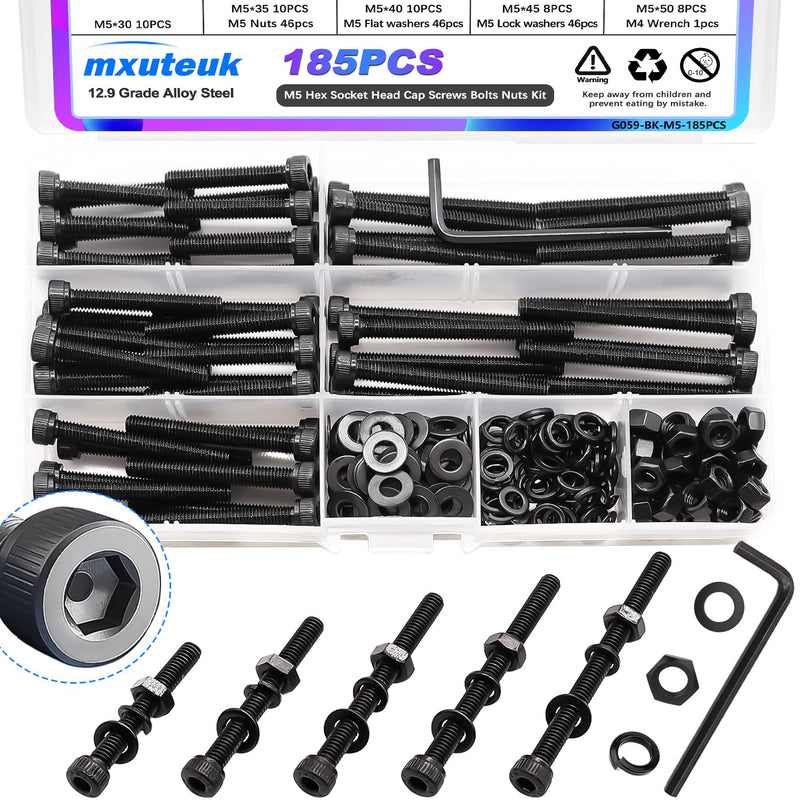 mxuteuk 185PCS M5 Screws Assortment Set,M5 x 30/35/40/45/50mm Hex Socket Head Cap Screws Bolts Nuts Kit,12.9 Grade Alloy Steel M5 Bolts with Hex Wrench M5 x 30/35/40/45/50mm