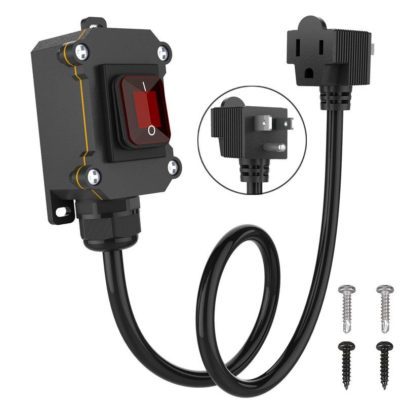 Inline Cord Switch with 3-ft 14AWG Cable Piggyback Plug(3-Pronged), IP67 Waterproof Extension Cord with On/Off Switch, AC/DC 20A-125V,16A-250V Inline Power Switch with Red LED Rocker Button 3FT