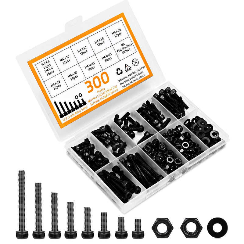 300pcs M4 Screw Kit, Premium M4 Hex Socket Head Cap Screw Assortment with Nuts and Washers, M4 x 6mm /8mm /10mm /12mm /16mm /20mm /25mm /30mm (Black)