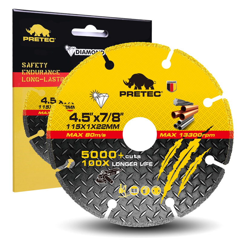 4 1/2 Inch Diamond Cutting Wheel, Metal 4 1/2'' Cut Off Wheel with 7/8" Arbor Hole, Angle Grinder Cutting Disc with 5000+ Cuts on Rebar, Steel, Iron and INOX, 100x Longer Wheel Life-1 Pack Diamond Cutting Wheel-4-1/2"