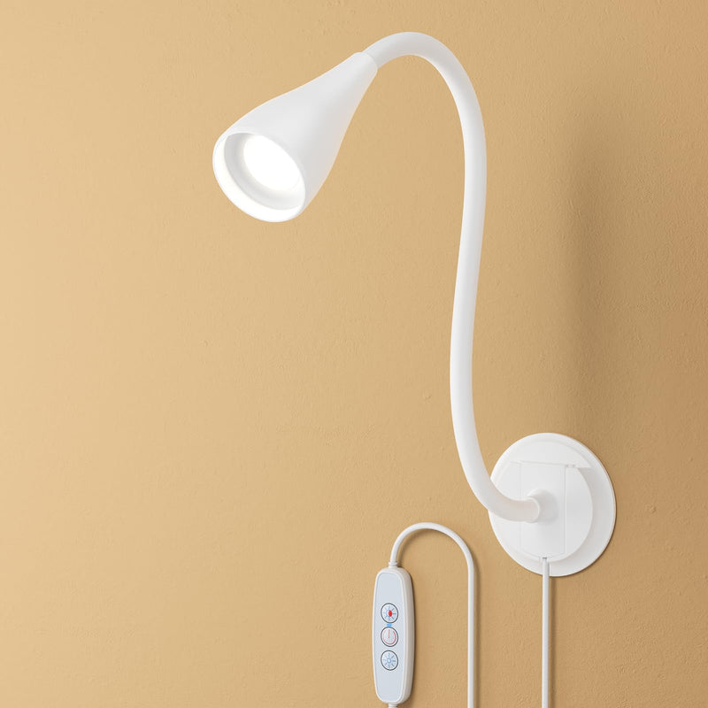 Book Light for Bed, Reading Light at Night, Wall Mount Reading Lamp for Bedside,Headboard, Eye Care LED, 5 Color & Brightness Dimmable, Flexible Gosseneck, 1 Pack, White 1Set/White
