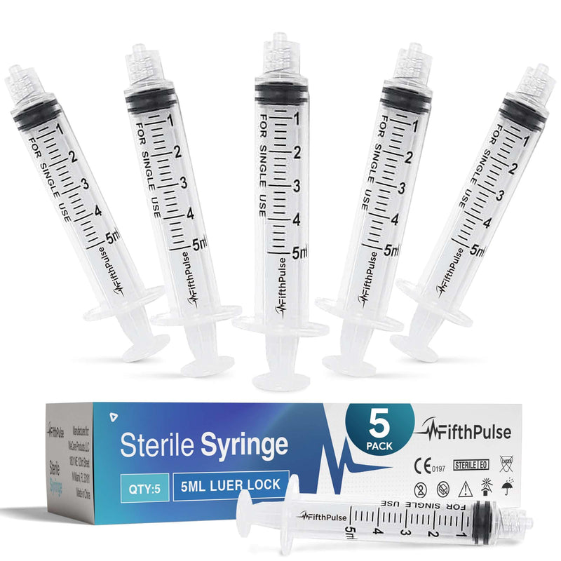 5 ml Syringe without Needle - 5 Pack of Individually Wrapped Disposable Syringes - Good for Medical, Scientific Lab, Home Use, and More - Sterile Luer Lock Syringes 5 ML 5.0