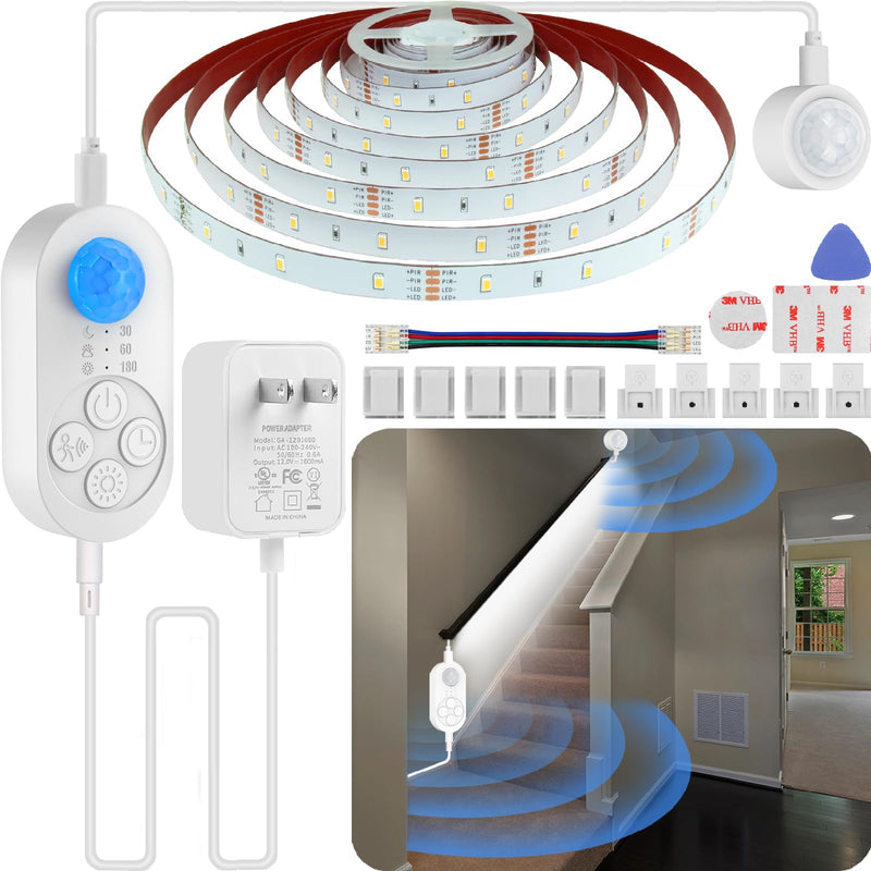 Dual Sensor Stair Lights Indoor: Plug-in Motion Activated LED Step Light Strip with Double Motion Sensors, Dimmer, and Timer for Stairways, Bedrooms, Corridors - Cold White 6000K, 32.8FT, 300 LEDs 32.8FT Light Strip