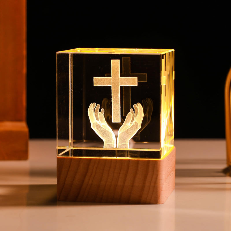 LONGWIN 3D Crystal Praying Hands Christian Gifts for Women Men, Glass Laser Engrave Jesus Cross Figurine 50mm Cube Led Night Light, Religious Gifts