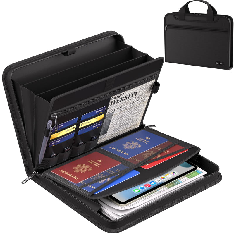 ENGPOW Document Organizer Folder, Fireproof Expanding File Folder with Multi Pockets, 3 Pockets File Organizer with Handle, Portable Home Travel Safe Storage for Important Documents, Passport, Laptop