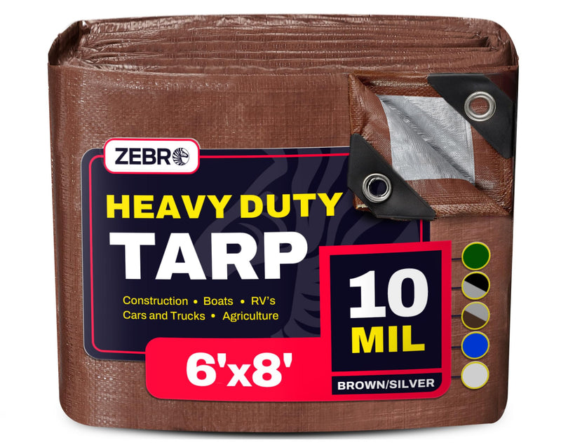 6' x 8' Brown/Silver Heavy Duty Tarp with Grommets Reinforced - 10 Mil Thick - Double Sided Plastic Waterproof Tarps - Large Tarpaulin Cover for Outdoor Camping Tent Tarp RV Roof Rain - Zebro 6' x 8'
