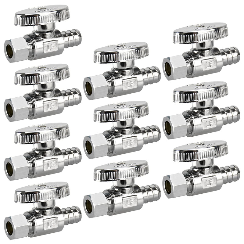 2/4/10/20 Pack Stop Valves, 1/4 Turn Straight Stop Valves, 3/8" OD Compression × 1/2" PEX Chrome Plated Brass for Faucet, Toilet Valves (10×Straight) 10×Straight