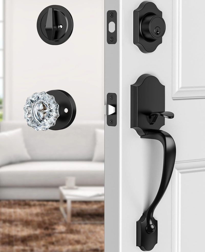 Black Front Door Handle and Deadbolt Set, Front Door Lock Set with Crystal Glass Door Knob, Entry Door Lock Set with Single Cylinder, Reversible for Right & Left, Matte Black Classic