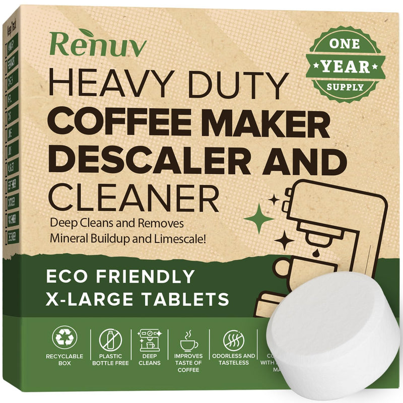 Renuv® Coffee Maker Cleaner & Descaler Tablets, 12 Uses for Keurig, Ninja, Breville, Delonghi, Nespresso, Miele, Jura, Mr Coffee, Cuisinart Descaling Solution for Coffee Pot Maker & Espresso Machines 1 Box (12 Tablets)