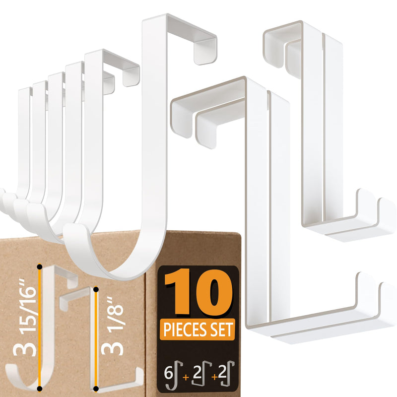 4smile Over The Door Hooks 6+2+2 Set, White - Coat Hanger 6 pcs fits 1 3/8" + Towel Holder 2 pcs fits up to 1 3/4" + Cabinet Hooks 2 pcs - 2-Sided Wreath Hanger with Anti-Scratch & Non-Slip Pads 10 pcs L 4" & 3"