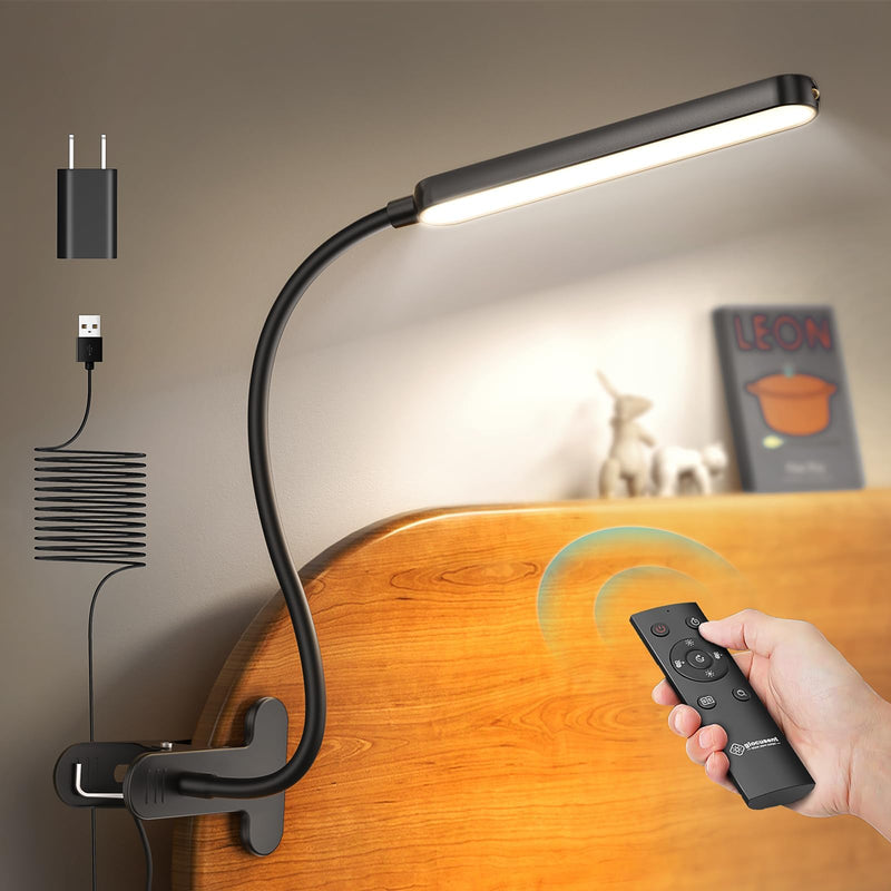 Glocusent 5W Multi-Purpose Clip On Light, 38 LED Eye Caring Reading Bed Lamp, 5 Color & 5 Brightness with a Remote, 30-Min Auto Off Timer, Perfect for Bed Reading/Studying/Working Black