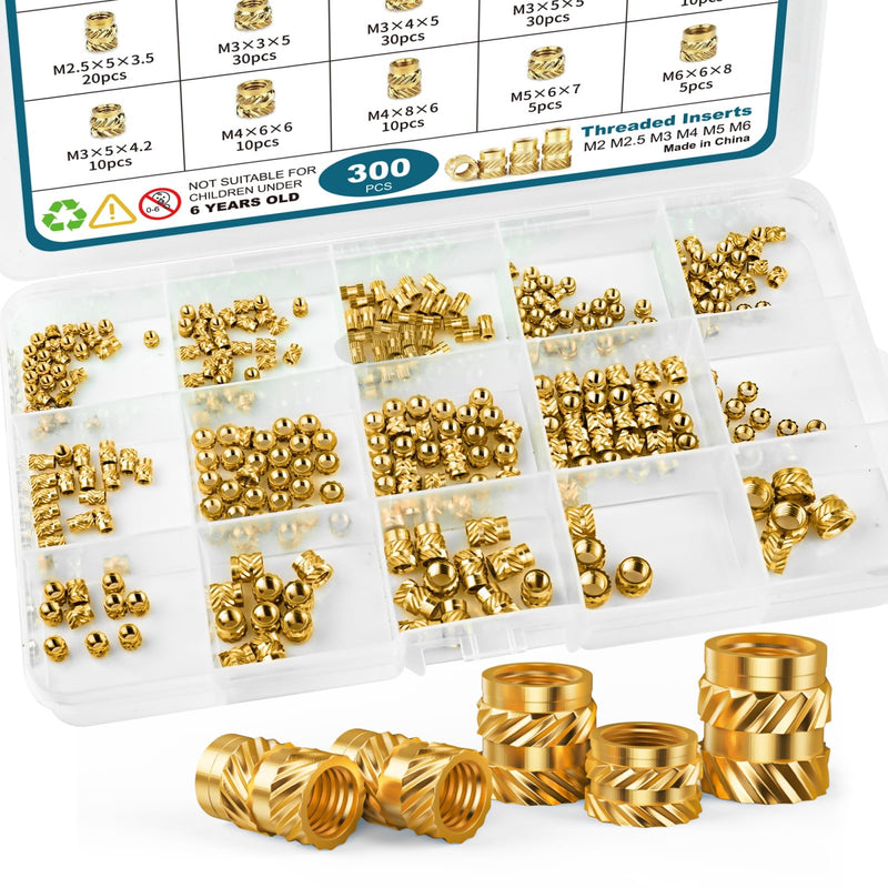 300Pcs Threaded Inserts M2 M2.5 M3 M4 M5 M6 Brass Heat Set Insert for Plastic and 3D Printing Components 300pcs