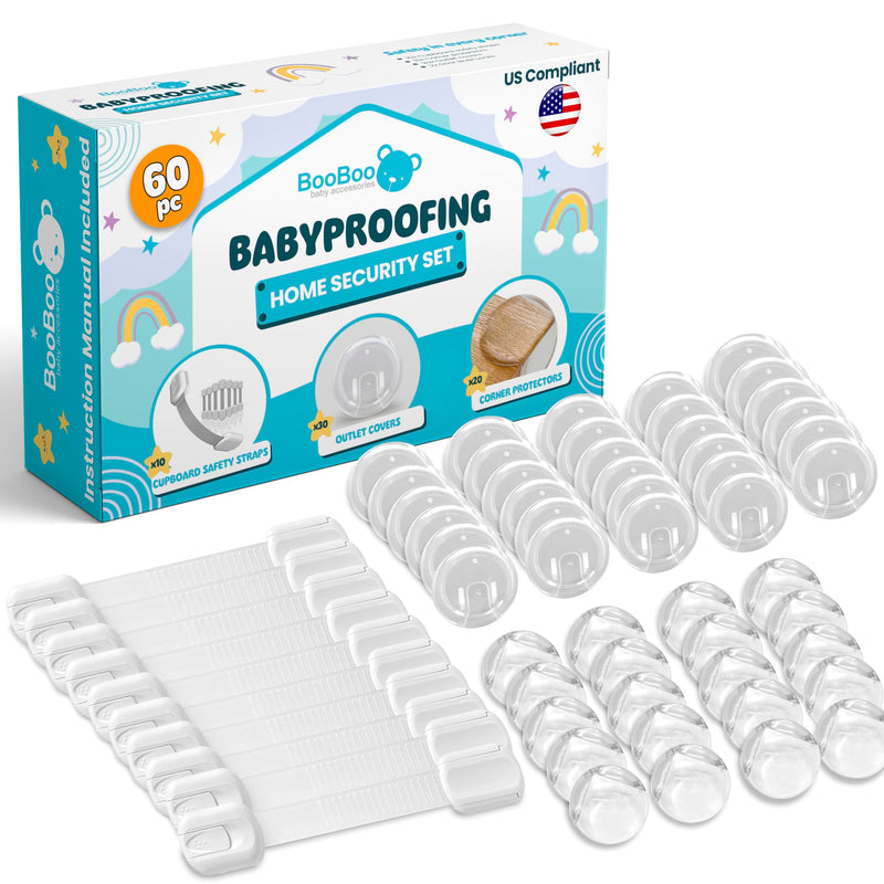 Booboo (60 Pack) Child Safety Baby Proofing Kit | x10 Cabinet Drawer Locks, x20 Corner Guards, x30 Outlet Covers | Baby Proof Your Home & Kitchen with No Trapped Fingers | No Tools Needed x60