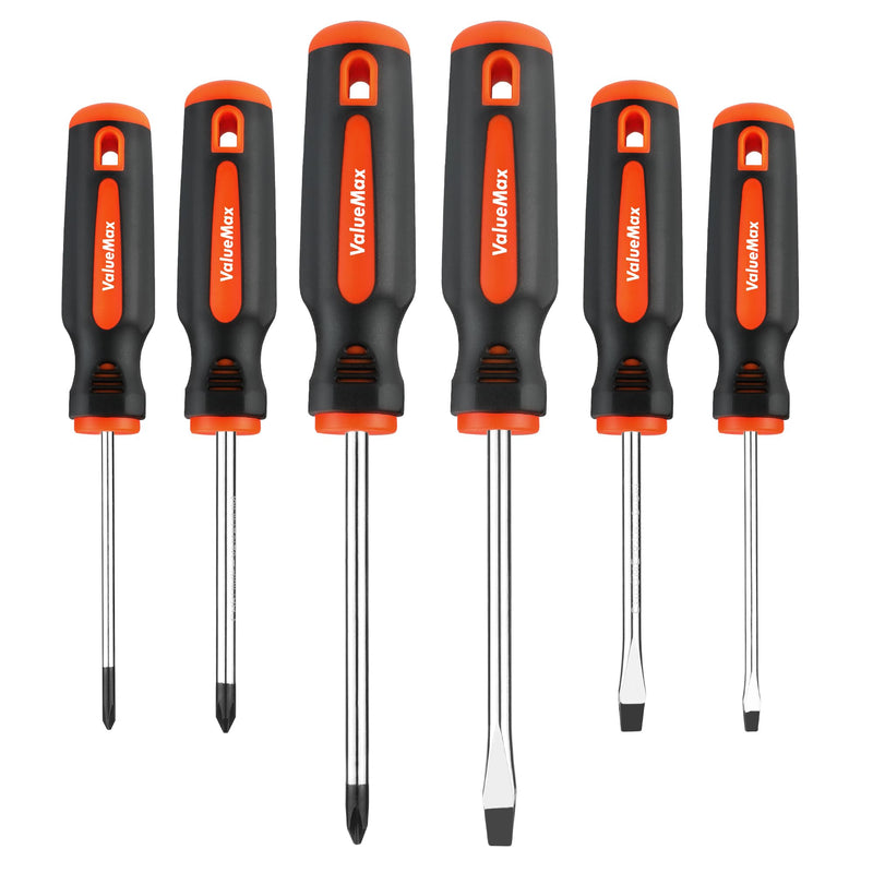 ValueMax 6-Piece Magnetic Screwdriver Set, 3 Phillips and 3 Flat Tip Screwdrivers, Non-slip Handle Screw Driver Set Kit 6 PCS