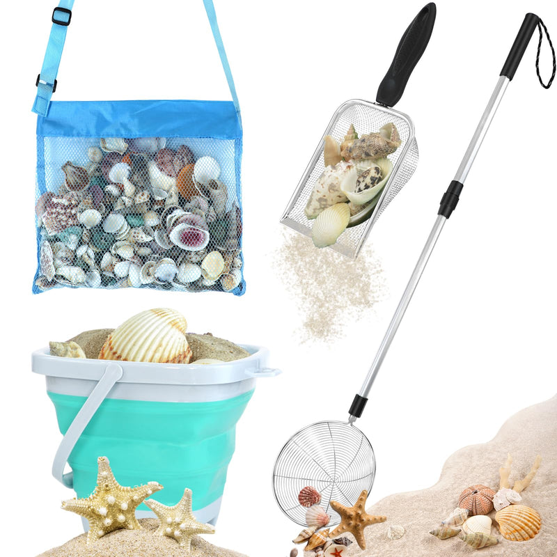 Shark Tooth Sifter, Beach Sand Sifter, Sea Shell Scooper for Beach, Shell Bags&Foldable Bucket, Sand Beach Toys for Kids 6 8 10 12, Medium, Blue