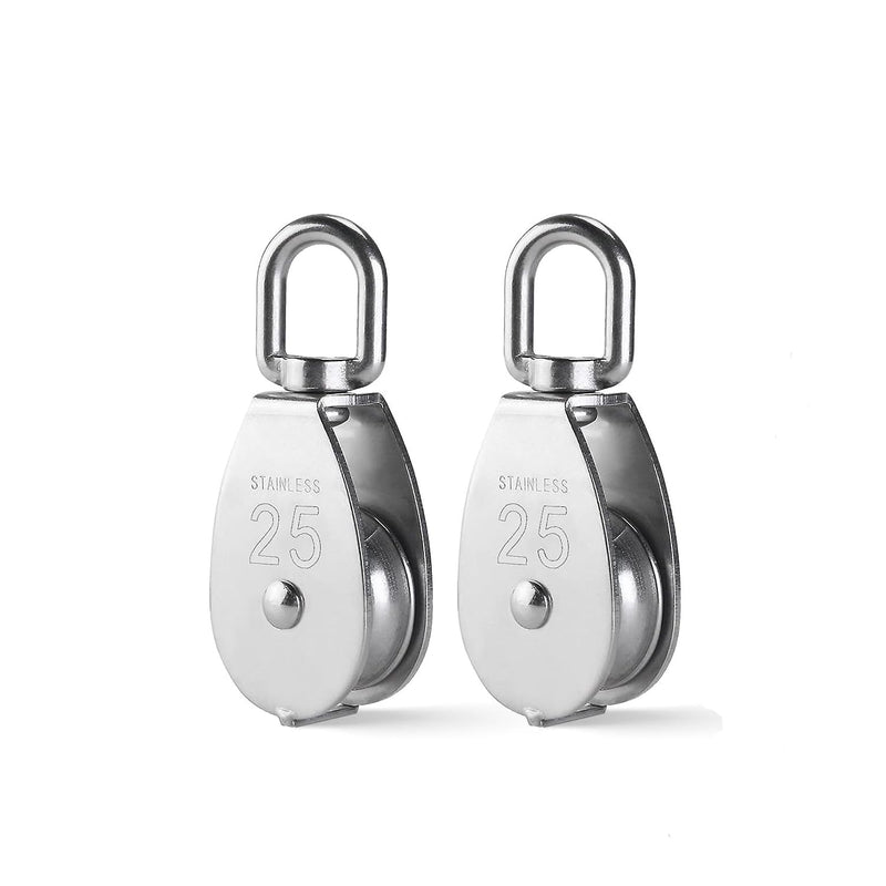 2Pcs M25 Single Pulley Block 304 Stainless Steel Swivel Cable Pulleys for Lifting/Hanging, Heavy Duty Rope Single Wheel Kit, Max-Load 150kg/330lbs