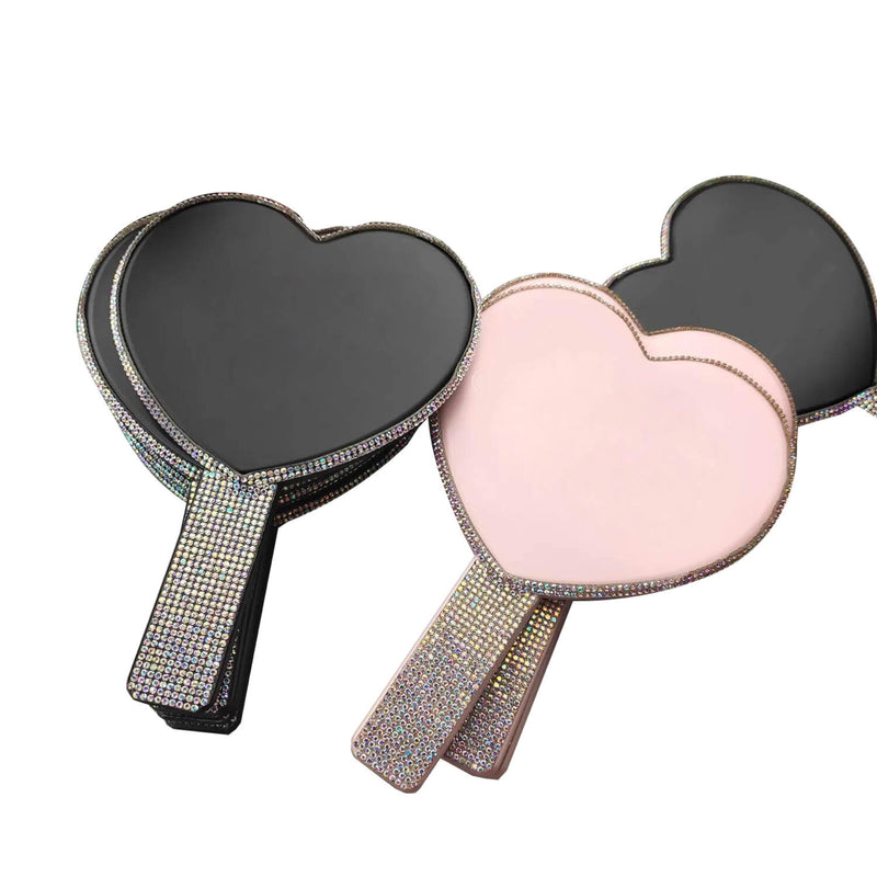 Generic Luxury 2 Pc Bling Diamond Rhinestone Heart Shaped Handheld Cosmetic Travel Mirror (Pink and Black)