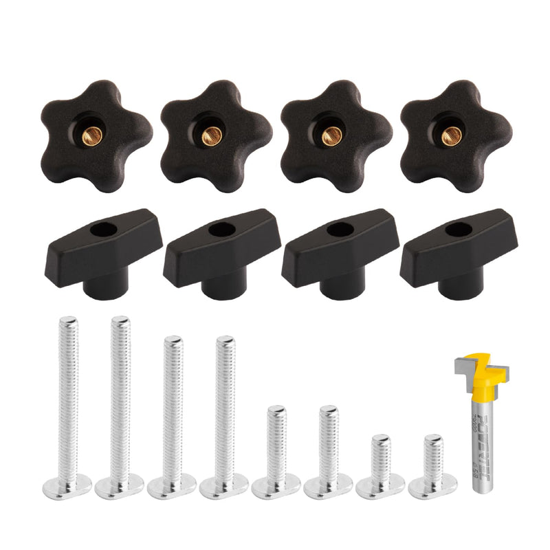 POWERTEC 72030 T Track Knob Kit w/T Slot Router Bit (5/8" Dia. x 3/16" H x 1/4" Shank), Threaded Knobs and 5/16”-18 T Slot Bolts Set, 16-pc T Track Accessories for Woodworking Jigs and Fixtures