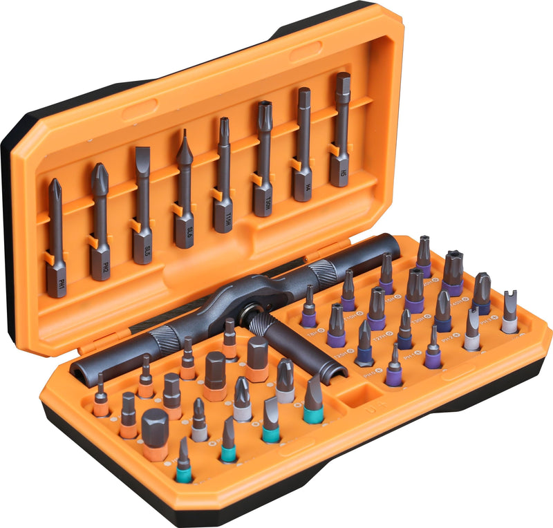 Screwdriver kit 42 in 1 aluminum alloy material, ratchet magnetic, DIY combination flexible shaft, suitable for furniture assembly, electrical repair, bicycle tools, Orange Ratchet screwdriver kit