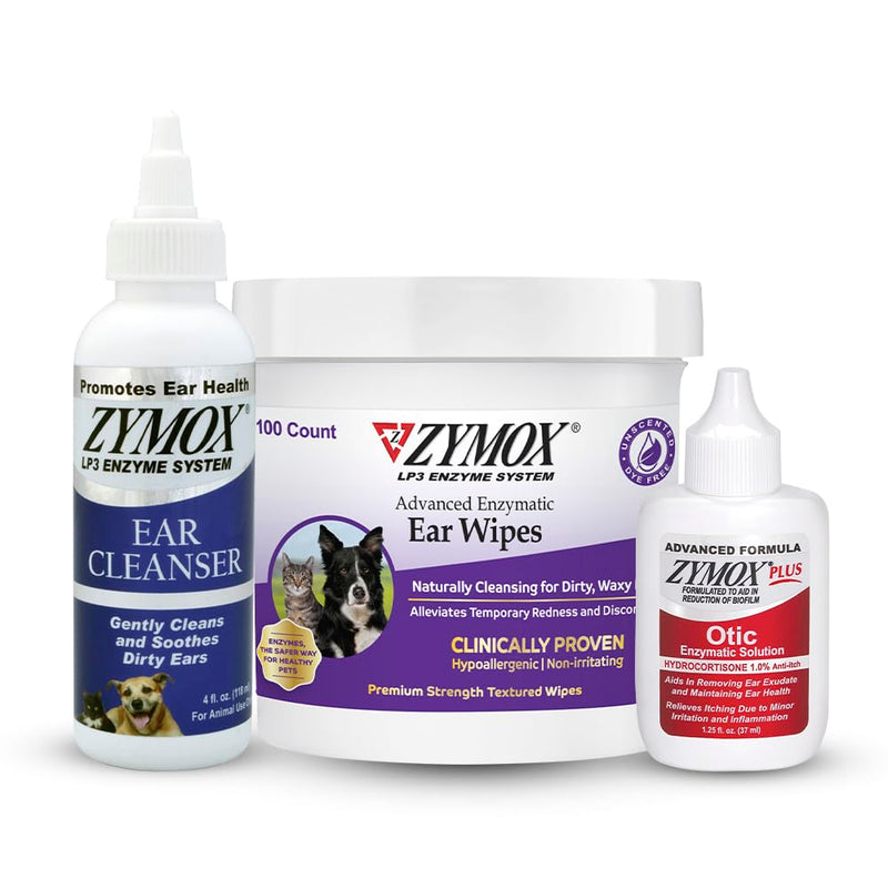 Zymox Enzymatic Ear Wipes, Ear Cleanser, & Otic Plus Ear Solution for Dogs and Cats - Product Bundle - for Dirty, Waxy, Smelly Ears and to Soothe Ear Infections - PawsPlanet Australia