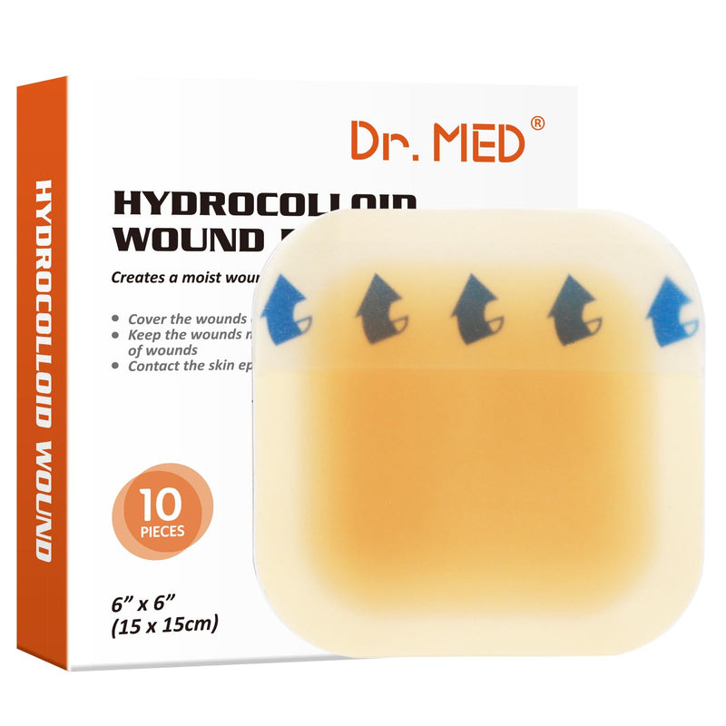 Hydrocolloid Wound Dressing 6"x6"-10 Pack/Box, Waterproof Adhesive Bordered Bandage, for Light Exudate, Abrasions, Pressure Ulcer, Bed Sore, Superficial Wound Care 6"x6" Border