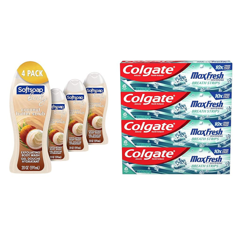 Softsoap Body Wash, Coconut Butter Scrub, Exfoliating Body Wash, 20 Ounce, 4 Pack & Colgate Max Fresh Whitening Toothpaste with Mini Strips