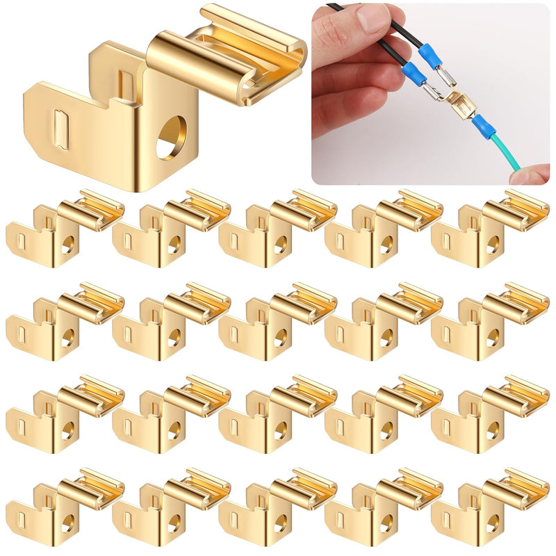 25 Pcs Piggyback Spade Connectors Chair Terminal Quick Disconnect Electrical 3 Way Adapter, 1/4" 2 Male and 1 Female Tabs, Non Insulated Brass 90 Degree Electrical Crimp Terminals Connectors 25